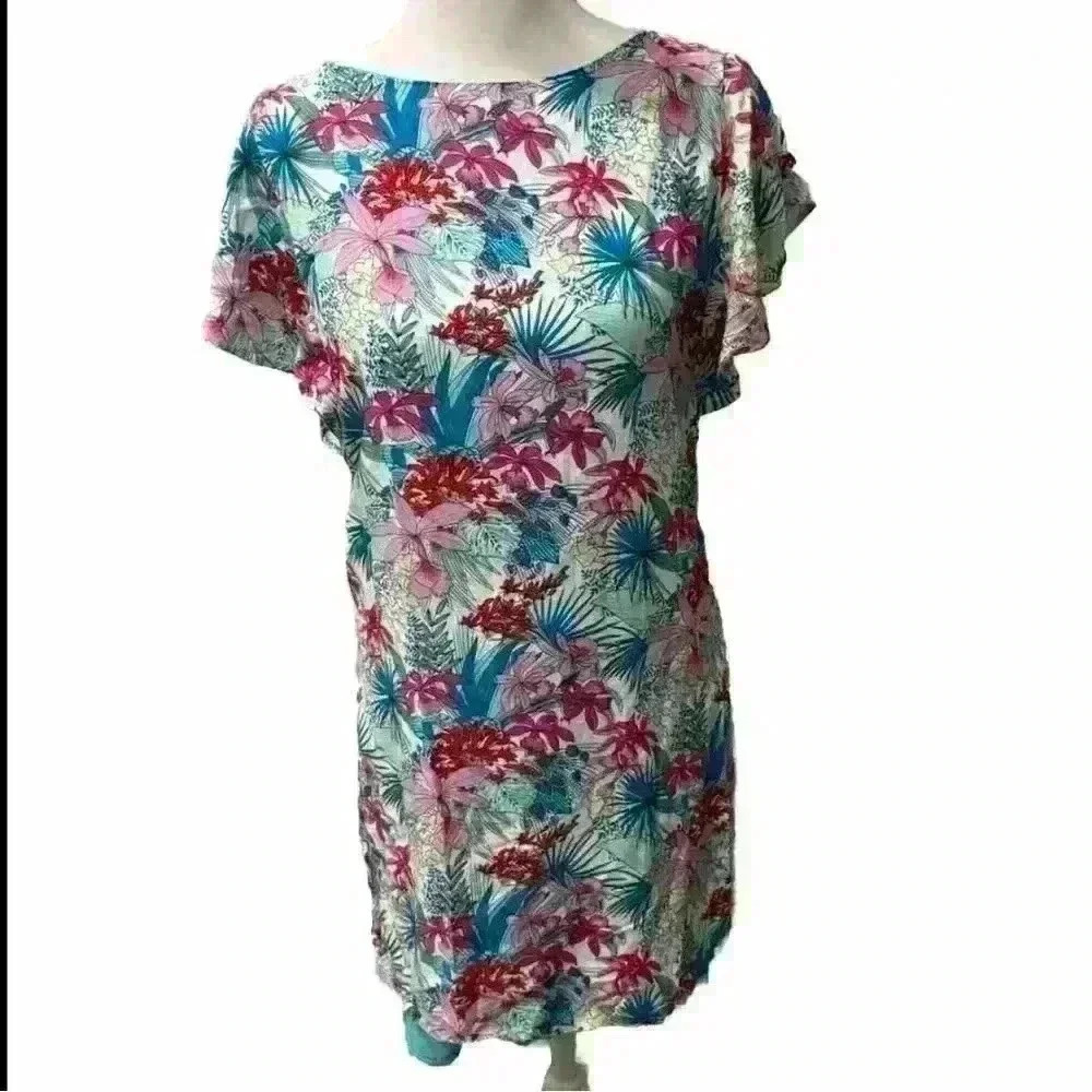 Mabel Anthropologie Tropical Ruffle Short Sleeve Floral Dress EUC